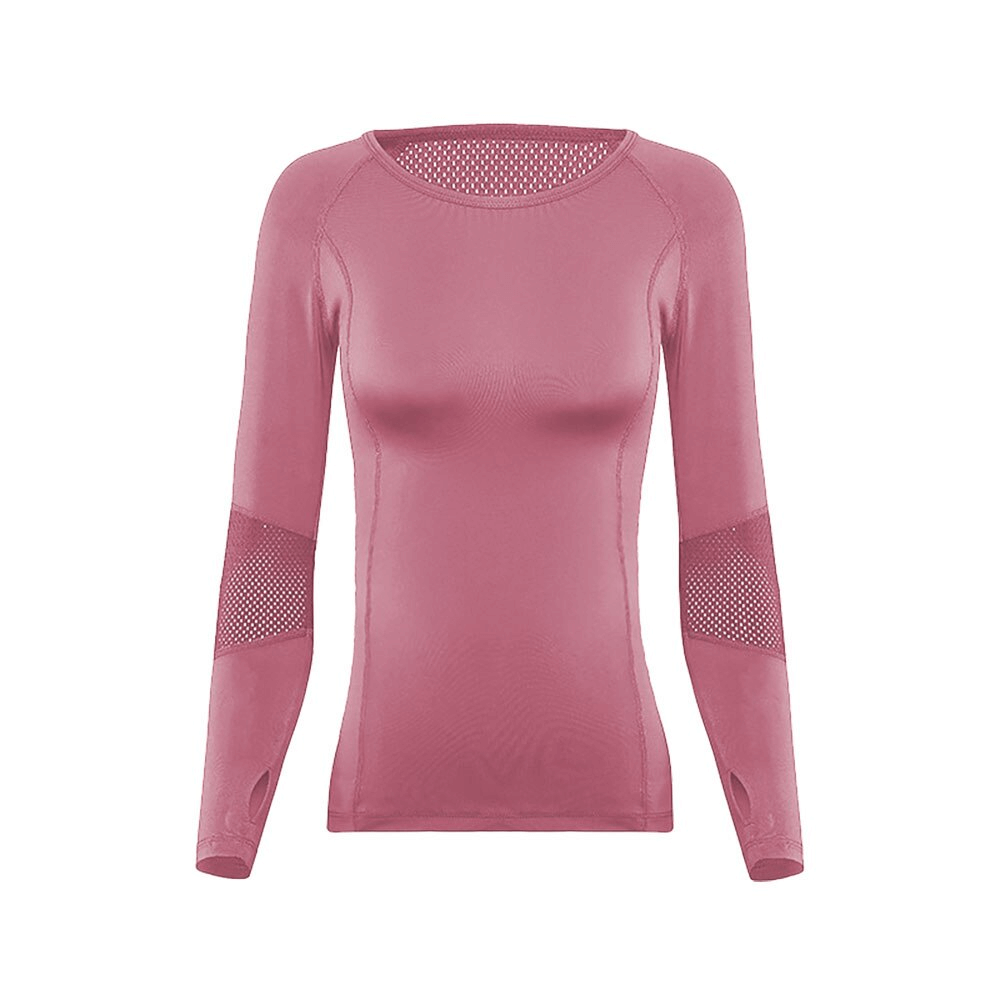 Stylish elastic women's long sleeve yoga top with mesh inserts in pink, ideal for comfort and breathability during workouts.
